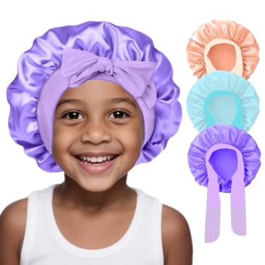 Imagem de 3 peças de touca de cetim de seda para dormir – Touca de cabelo de bebê, touca infantil para meninas com faixa elástica larga, touca de dormir chapéus de cabelo noturno para cabelos cacheados naturais (roxo + azul + dourado)