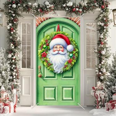 Imagem de BlissYard Capa de porta de Natal, 188 x 89 cm, guirlanda de Papai Noel, faixa de porta, decoração festiva de férias, mural de tecido reutilizável para casa, escritório e artigos de festa, decoração de
