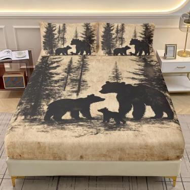 Imagem de AILONEN Jogo de lençol solteiro de urso preto GG com 2 fronhas, tema retrô de pinheiro e silhueta de urso, 3 peças, microfibra macia