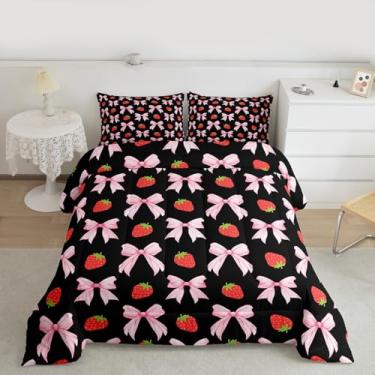 Imagem de Feelyou Conjunto de cama com laço rosa, macio, para meninos e meninas, solteiro, com laço fofo, edredom de microfibra, desenho kawaii, frutas, 2 peças com 1 fronha