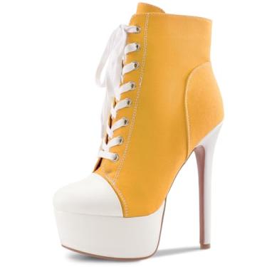 Imagem de Perisis Bota feminina preta plataforma tornozelo salto alto stiletto bota curta cadarço lona sapatos fechados bico redondo com zíper lateral para mulheres sexy primavera outono inverno, Lona amarela