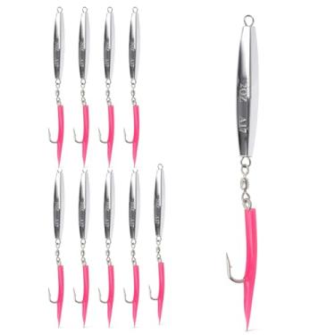 Imagem de UMT Pacote com 10 A17 Cape Cod Diamond Jig 60 g Cromado Rosa Borracha Teaser 6/0 Gancho Mustad Personalizado para Atum, Stripers, Bluefish e Robalo