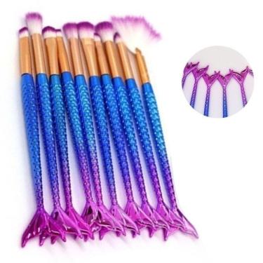 Imagem de Pincel Sereia Kit 10 Peças Maquiagem Portatil Mermaid
