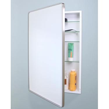 Imagem de Gabinete de remédios de banheiro embutido retangular arredondado de metal Austin Farmhouse, espelho chanfrado, abertura de parede de 45,7 x 71 cm, aço revestido a pó, prateleiras de vidro ajustáveis