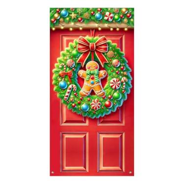 Imagem de BlissYard Capa de porta de Natal, Feliz Natal, guirlanda de gengibre, bengalas de doces, laço vermelho, decoração de Natal, férias, inverno, para porta da frente, parede, escritório, festa, 99 x 189