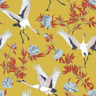 Imagem de VaryStyle Papel de parede amarelo mostarda 45 cm x 998 cm vintage pássaros floral descascar e colar papel de parede de contato amarelo para armários paredes mural impermeável papel de parede amigável