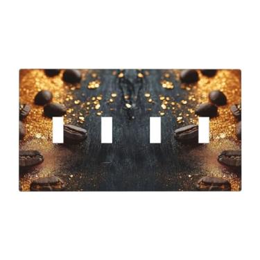Imagem de LuHuoLu Placa decorativa para interruptor de luz, placa de madeira preta, pó dourado, grãos de café, placa de parede de 4 grupos, placa de cobertura grande para interruptor quádruplo placa de rosto