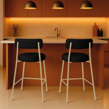 Imagem de Banqueta Cozinha Média com Encosto Industrial Champanhe Kit 2 Londres PU Preto D03 - D'Rossi