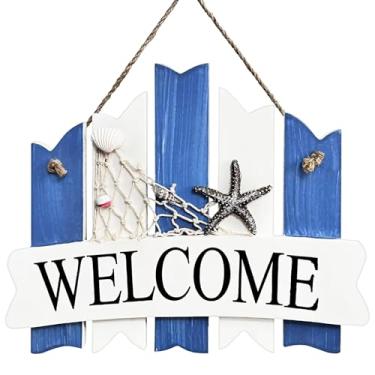 Imagem de Placa de boas-vindas náutica de madeira com estrela do mar e concha, placa suspensa com tema de praia costeira, decoração de porta estilo cerca azul e branca