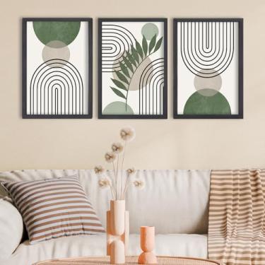Imagem de FZMHASLWW Decoração de parede boho verde sálvia 40,6 cm x 28,7 cm, conjunto de 3 folhas, arte abstrata botânica para quarto, escritório, moldura de madeira, arte para pendurar na parede (preto)