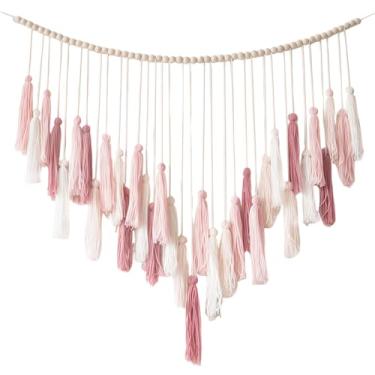 Imagem de Tapeçaria de parede de macramê boho grande, tapeçaria de corda de algodão feita à mão com contas de madeira e borlas, decoração boho ideal para parede de casa