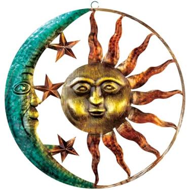Imagem de Arte de parede de metal e exterior, 40,6 cm / 40,6 cm lua grande design de sol, para decoração de jardim, cercas exclusivas, pátios e espaços ao ar livre, acentos resistentes à ferrugem estrela e
