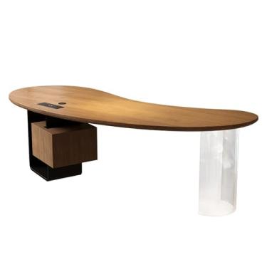 Imagem de Mesa de trabalho Mesa de escritório executiva moderna em formato caju com tomadas, armário armazenamento e pernas acrílico(XL)