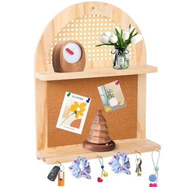 Imagem de Prateleira de parede Boho com placa de pinos, rack flutuante de vime de 2 camadas, prateleira de armazenamento de madeira rústica com ganchos e design de arco