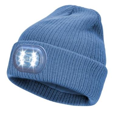 Imagem de IVYWNT Gorro unissex de LED com luz, lanterna de cabeça recarregável por USB, chapéu de malha de inverno, presente de Natal para homens e mulheres, azul marinho