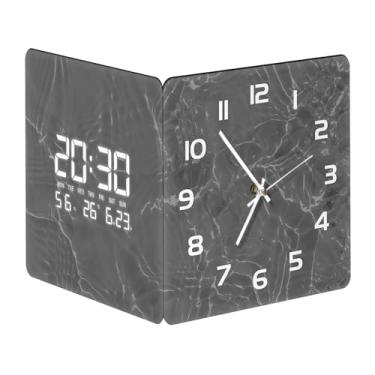 Imagem de SCOAGE Relógio de canto de parede digital elétrico com temperatura/umidade/hora/data, inteligente dois lados, relógios cinzentos operados por bateria, luz noturna quadrada, sem tique-taque, para sala