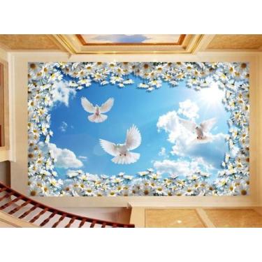 Imagem de Papel De Teto Céu Azul Nuvens Flores Pombas 3,5M Rof36 - Você Decora