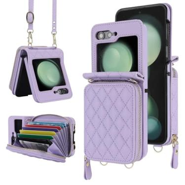 Imagem de YYTVN Capa para Samsung Galaxy Z Flip 7 com suporte para cartão e alça ajustável, acessório elegante e versátil, capa resistente à prova de choque para Galaxy Z Flip 7 (Roxo)