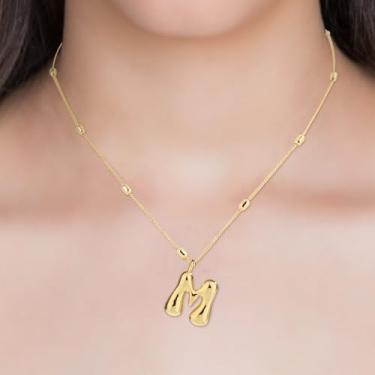Imagem de Colar com pingente de alfabeto moderno, joias delicadas, pingente inicial com corrente de contas, presentes para mulheres, aniversário, aniversário, festival, colar com letras douradas (M)