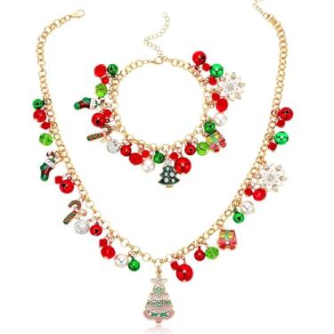 Imagem de DTOFOOT Colar de Natal para mulheres e meninas, conjunto de pulseiras de Natal com sino de Natal, árvore de Natal, floco de neve, bengala, caixa de presente, meias com pingente de cristal para festa à