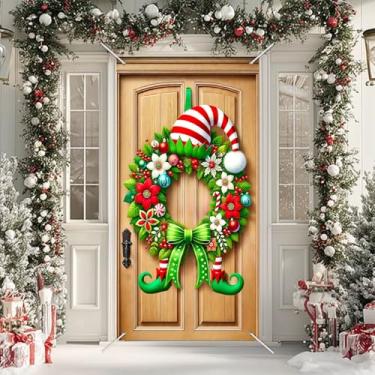Imagem de BlissYard Capa para portas de Natal, guirlanda de elfo, decoração de fim de ano, 188 x 89 cm, bengala doce, vermelha, verde, poinsétia, para pendurar na porta da frente, varanda, parede, ambientes