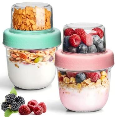 Imagem de ComSaf Recipientes De 2 Unidades Para Aveia Noturna 8 Oz Com Tampa, Copos Vidro Iogurte Parfait, Cereais, Nozes E Frutas, Potes Pudim Chia Camada Dupla Reutilizáveis, Salada Mason Pequena, Preparaçã