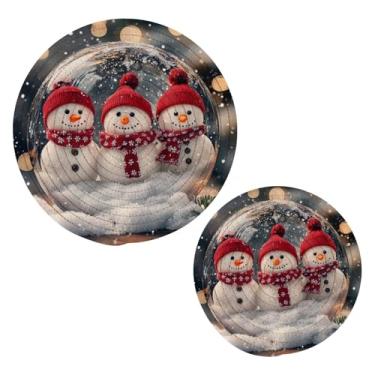 Imagem de Blueangle 2 peças de suporte de panela de três bonecos de neve - conjunto de pegadores de panela de tecido redondo - almofadas quentes trançadas de algodão - porta-copos - tapetes de mesa para