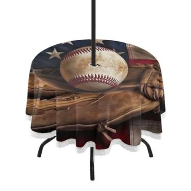 Imagem de ATTX Toalha de mesa redonda vintage com taco de beisebol ao ar livre – 152 cm, impermeável, à prova de derramamento, uso interno/externo, com orifício para guarda-chuva com zíper para acampamento