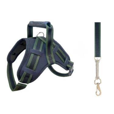 Imagem de Coleira Peitoral Ajustável com Guia para Cães Grandes – Peitoral Resistente com Anti-Puxão para Pitbull Doberman e Raças Fortes (PRETO COM VERDE,P)