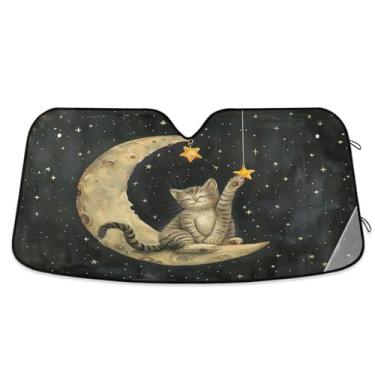 Imagem de ATTX Pára-brisas de carro Cat on The Moon 144.8 cm x 80.0 cm Protetor solar universal com proteção UV, persiana de janela frontal automática dobrável para Sedans SUVs caminhões #168