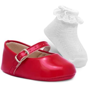 Imagem de Kit Sapatinho Bebe Menina Boneca + Meia Infantil Festa Batizado K53 (Vermelho, BR, Bebê, Alfa, G)