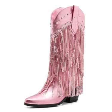 Imagem de ZXHYZLZ Botas femininas caubói ocidentais bordadas, cano médio, bico fino, salto grosso, moderno, retrô, clássica, Rosa/metal, 35