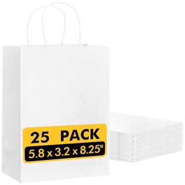 Imagem de Pacote com 25 sacos de papel Kraft pequenos com alças a granel, 14,7 x 8 x 21 cm, sacos brancos de presente para varejo, compras, Natal, festas de aniversário, mini bolsa para negócios, brindes
