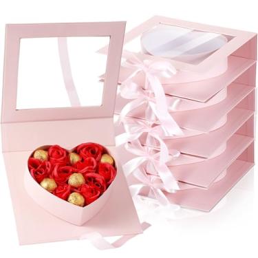 Imagem de Mooliwe Pacote com 6 caixas de presente preenchíveis em forma de coração para presente de Dia dos Namorados com fita, caixa de presente rosa de papelão para dia dos namorados, caixa de presente rosa