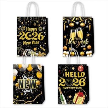 Imagem de Lyosehy Pacote com 24 sacos de presente de papel para festa de ano novo, 21 x 15 x 8 cm, sacos de presente em ouro preto, saco de compras, saco de papel kraft, saco de lembrancinha de festa para ano