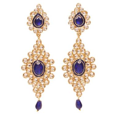 Imagem de Touchstone Brincos longos coloridos de designer de casamento indiano Bollywood tradicional feito à mão joia de cristal Jhumki em tom de ouro antigo e prata para mulheres. Azul