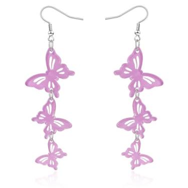Imagem de Mintolex Brincos femininos pendentes de borboleta triplos de acrílico com ganchos de aço inoxidável fofos joias de insetos de primavera, Acrílico, Sem pedra preciosa