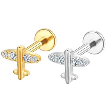 Imagem de Piercing Labret Titânio Pvd Avião Zircônia Cravejada Helix Tragus Conch Nariz Boca Medusa (Dourado)