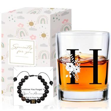 Imagem de Conjunto de copos de uísque monograma com pulseira, exclusivo Natal, aniversário, festa de casamento, padrinhos, presentes de dia dos pais para homens, ele, pai, marido, irmão (H)