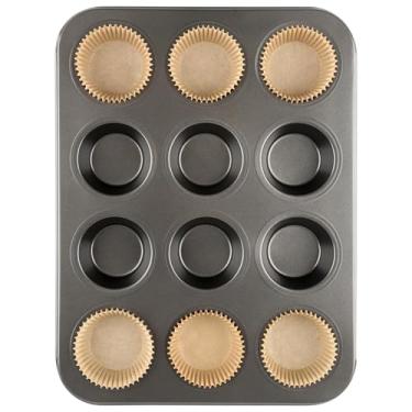 Imagem de Artcochan Conjunto de 1 forma de muffin, forma de cupcake antiaderente de aço carbono com 50 forros, forma de muffin padrão para cupcakes e suprimentos de panificação