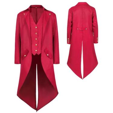 Imagem de KDAFJLKD Fantasia de vestuário medieval, casaco steampunk masculino, fantasia de vampiro renascentista de Halloween para adultos (vermelho, médio)