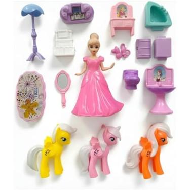 Imagem de Conjunto de Boneca com Pôneis e Acessórios Rosa - Brinquedo Infantil Educativo para Meninas 3+ Anos com Cavalinhos e Peças Complementares