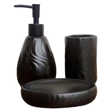 Imagem de Conjunto para Banheiro 3 Peças, Porcelana e PP, Preto, Design Moderno, Saboneteira com Dispenser 320ml, Porta Escovas, Malta e Pequim