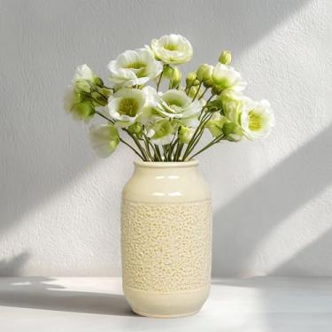 Imagem de Wancetang Vaso de cerâmica bege para flores - Vaso de creme texturizado de 23 cm para grama dos pampas, vasos de fazenda modernos para decoração de casa, mesa central, prateleira e decoração de manto