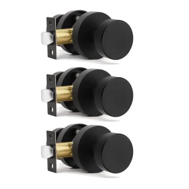 Imagem de Orger Puxadores de porta de passagem pretos foscos, maçanetas pretas sem chave de liga de zinco, maçanetas modernas de base redonda serrilhada resistente para corredores, pacote com 3