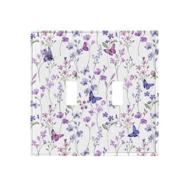 Imagem de WJLKSJD Flores de borboleta roxa floral 2 gangues interruptor duplo interruptor de luz placa decorativa placas de parede placa elétrica interruptor de luz para meninas quarto e banheiro