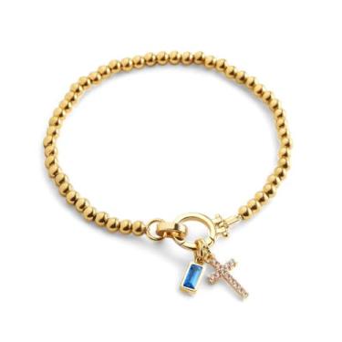 Imagem de Mint & Lily Pulseira com pingente de cruz de pedra do mês de nascimento - Pulseira feminina banhada a ouro 18 K sobre latão com pedra preciosa,, 7.5", Metal, Topázio