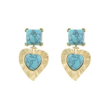 Imagem de Rosslyons Brincos de coração turquesa banhados a ouro com pingente de gota texturizado, joia boêmia, para mulheres, Large, Turquesa Latão, Sem pedra preciosa