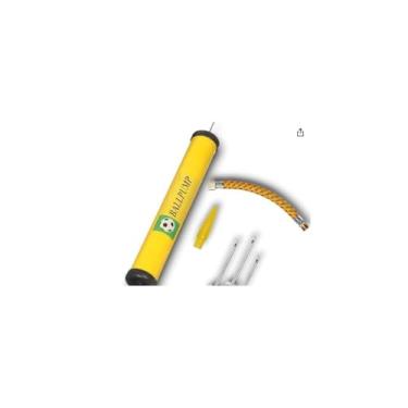 Imagem de Bomba de Ar Manual, 24cm x 3,5cm, Ferro e Plástico, com Bicos para Bolas e Boias, Amarelo e Cinza, para Futebol, Vôlei e Basquete