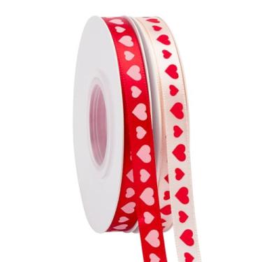 Imagem de Fita de dia dos namorados, 2 rolos de fita de cetim de coração para artesanato do dia dos namorados, embrulho de presente, decoração de casa, 1,9 cm total de 50 metros, vermelho/rosa/creme (corações 1